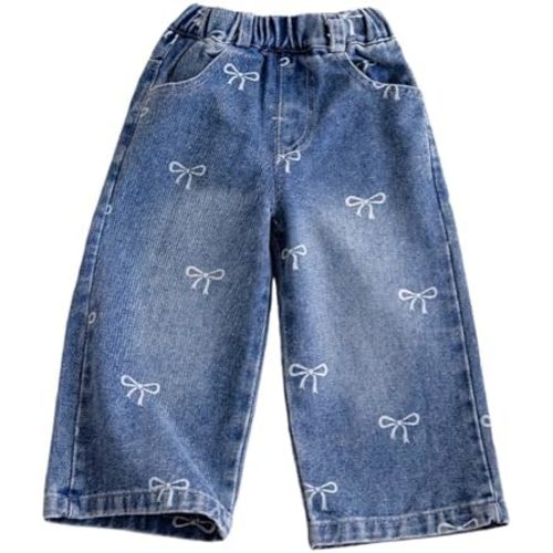 Infant Girls Baggy Jeans Cute Bow Embroidery Denim Pants Toddler Kids Wide Leg Casual Trouser Elastic Waist Loose Fit Clothes
