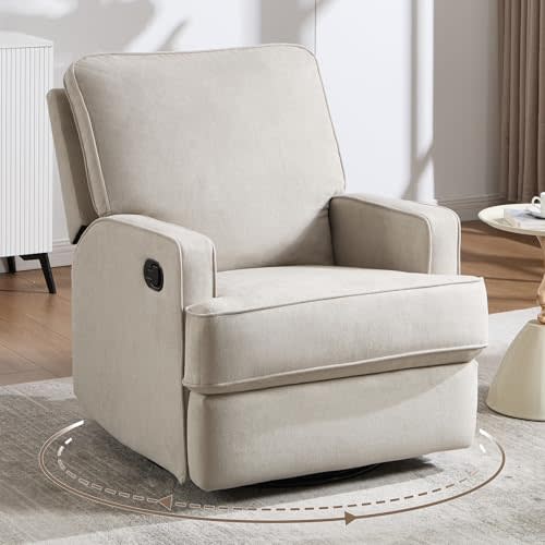 ANJ 360° Swivel Rocker Recliner Chair for Nursery, Classic Manual Glider Recliners with Overstuffed Backrest, Upholstered Rocking Reclining Sofa Chair for Living Room, Beige