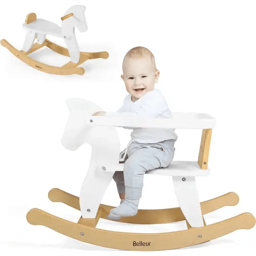Wooden Rocking Horse for Toddler 1-3 Year Old, Baby Wood Ride-on Toys with Removable Fence for Indoor & Outdoor Activities, Boys & Girls Rocking Animal for Birthday White