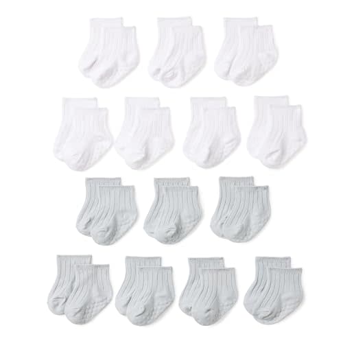 Amazon Essentials Unisex Babies' Non Slip Grip Ribbed Ankle Socks, 14 Pairs