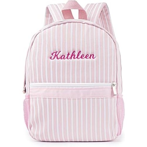 MT WORLD Daycare Backpack Personalized Canvas Toddler Backpack With Embroidered Name Custom Baby Diaper Bag Small Toddler Bookbag for Age 2-4 Girls School Overnight Birthday Christmas Gifts (Pink)