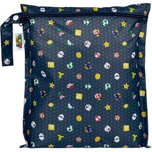 Bumkins Waterproof Wet Bag for Baby, Travel, Swim Suit, Cloth Diapers, Pump Parts, Pool, Beach, Gym Clothes, Toiletry, Hook to Stroller, Daycare, Zipper Reusable Wetdry Packing, Nintendo Super Mario