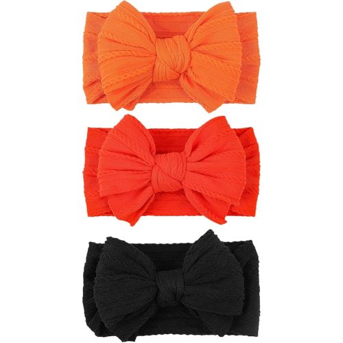 LemonSpce Handmade Halloween Thanksgiving Baby Bows for baby girls Stretchy Nylon Hair Bands Hair Accessories with Fall Orange Headbands Bows for Newborn Infant Toddlers Kids Bow(Orange1 Black)