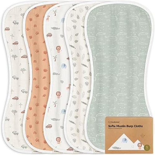 5-Pack Muslin Burp Cloths Baby Boy, Girl - Very Absorbent Baby Burp Cloth Rags, 8-Layers Viscose Derived from Bamboo Cotton Muslin Towel, Super Soft Spit Up Rags, No Shrink Washcloths (Wilderness)
