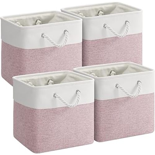 12 x 12 Inch Cube Storage Bins, 4 Pack Fabric Storage Basket with Handles, Foldable Boxes Organizer for Shelf Baskets for Home, Clothes (White/Pink)