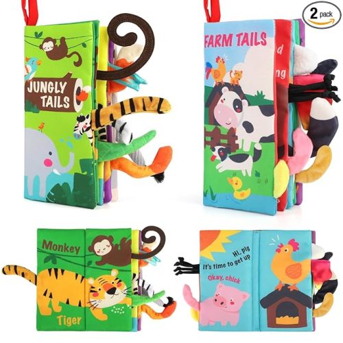 beiens Baby Books 0-6 Months, 2PCS Baby Toys 0-3-6-12-18 Months, Touch Feel Sensory Cloth Crinkle Soft Books, Tummy Time Stroller Infant Newborn Toys, Boy Girl Shower Gifts