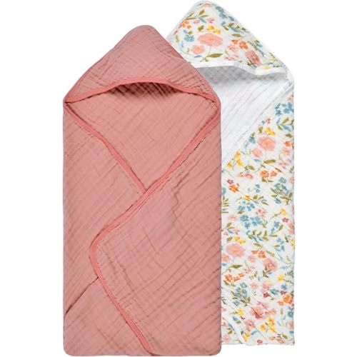 Hooded Baby Towels for Newborn, Cotton Muslin Baby's Towels, Absorbent Baby's Bath Towels Hooded, 2 Pack Baby's Towels with Hood, Baby Bath Essentials, Oeko TEX (Pink + Floral HoodedBaby Towels Girl)