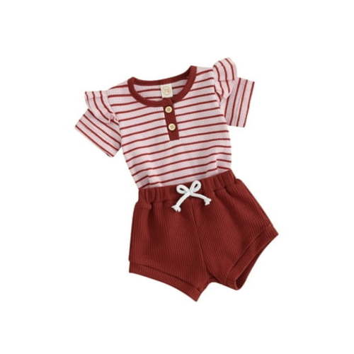 Boiiwant 2Pcs Baby Girls Summer Clothes 3M 6M 12M 18M Toddler Girls Casual Beach Outfits Short Sleeve Striped Print Romper Tops Shorts Sets