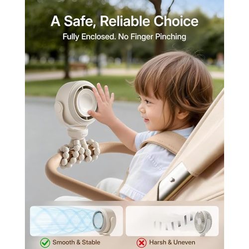 SWEETFULL Portable Stroller Fan, Pinch-Proof Baby Fan - Cream