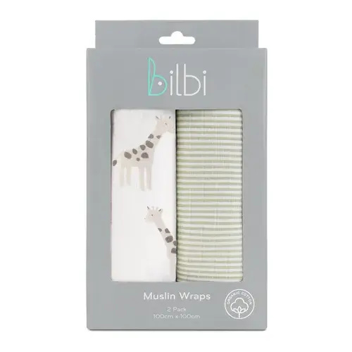 Bilbi 2 Pack Muslin Wraps Giraffe Natural | Baby Bunting AU