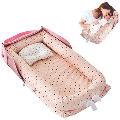 Baby Lounger for Newborn Portable Bag,Baby Nest Co Sleeping for Baby in Bed with Pillow,Newborn Lounger Adjustable Size & Strong Zipper Lengthen Space to 24 Months(Pink Polka Dots)