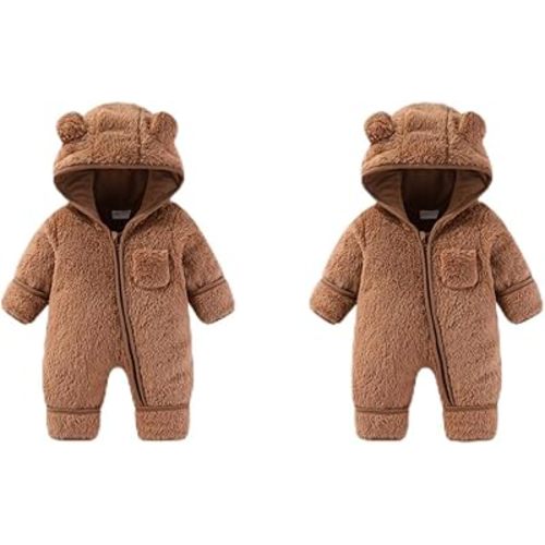 0-3 Months& 3-6 Months Newborn Baby Bear Outfit Suit Fold-Over Mittens Footies Girls Boys Winter Fleece Clothes Hooded Jumpsuit Romper
