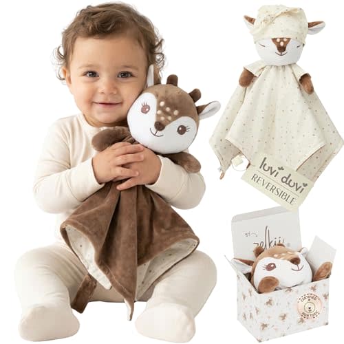 Zelkii Reversible Lovey for Babies, Security Blanket for Babies with Pacifier Holder, Fawn Deer Lovey for Baby, Day-to-Night Comfort Companion, Patent-Pending Oeko-TEX Certified