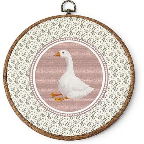 TranquilityTrove Pink Goose Floral Round Wall Art Decor 10x10in, Whimsical Cottagecore Botanical Goose Hanging Framed Canvas Wall Art Prints for Girls Kids Room Nursery Bedroom Home