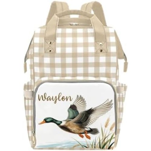 Personalized Diaper Bag Backpack for Women, Custom Mallard Baby Nursing Mommy Daypack with Name, Wild Duck Diaper Bags for Girls Boys, Shower Gifts for New Mom