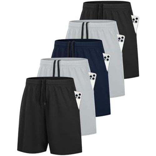 HOPLYNN 5 Pack Mens 7'' Gym Athletic Shorts with Pockets,Mesh Basketball Quick Dry Workout Shorts for Running Activewear