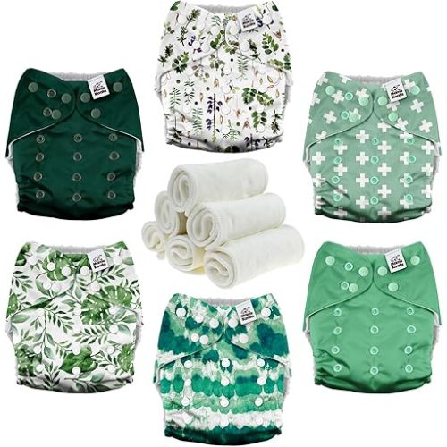 Mama Koala 3.0 Pocket Cloth Diapers for Babies with AWJ Lining, 6 Pack with 6 4-Layer Natural Cloth Diaper Inserts - Reusable and Washable Pocket Diapers (Love Green)