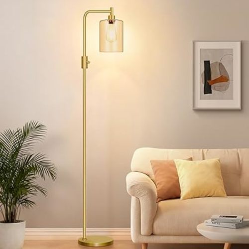 【Upgraded】Gold Dimmable Floor Lamp for Living Room with Amber Glass Lampshade, Glass Modern Floor Lamp with 900LM Bulb Included, Bright Standing Tall Lamp for Bedroom, Office, Reading Room, Corner