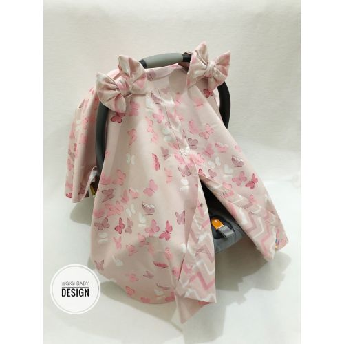 Car Seat Canopy Cover | Butterfly Chevron Pattern with Bows | Handmade Baby Gift