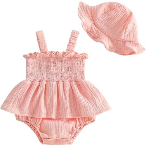 Mubineo Baby Girl Clothes Summer Dress Cotton Linen Romper Sleeveless Smocked Rompers Sun Dress Hat Skirt Boho Outfits