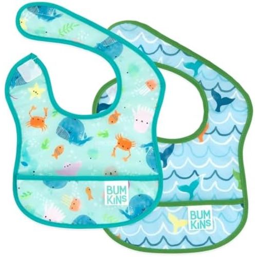 Bumkins Bibs, for Baby Girl or Boy, Infant 3-9 Months, Essential Must Have for Eating, Feeding, Baby Led Weaning Supplies, Mess Saving Waterproof Soft Fabric, Starter Bib 2-pk Blue Ocean Life