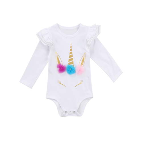 StylesILove Infant Baby Girl Unicorn 3D Ruffle Shoulder Long Sleeve Cotton Bodysuit (80/6-12 Months, White)