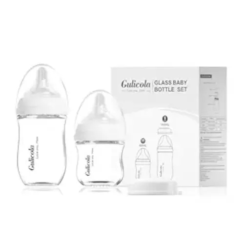 Gulicola Natural Glass Baby Bottle Newborn Set, 3 oz and 5 oz with Extra Slow Flow & Slow Flow Nipple, Anti Colic, 0-3 Months, 2 Pack - White