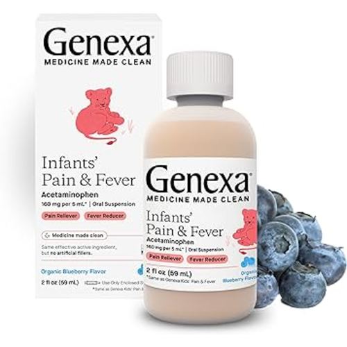 Genexa Infants’ Pain and Fever Reducer | Baby Acetaminophen, Dye Free, Liquid Oral Suspension Medicine for Infant | Delicious Organic Blueberry Flavor | 160 mg per 5mL | 2 Fluid Ounces