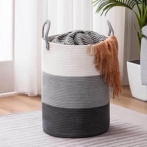 Woven Rope Laundry Hamper Basket, 58L Tall Luandry Basket, Baby Nursery Hamper for Blanket Storage, Clothes Hampers for Laundry in Bedroom-Large-Dark Grey
