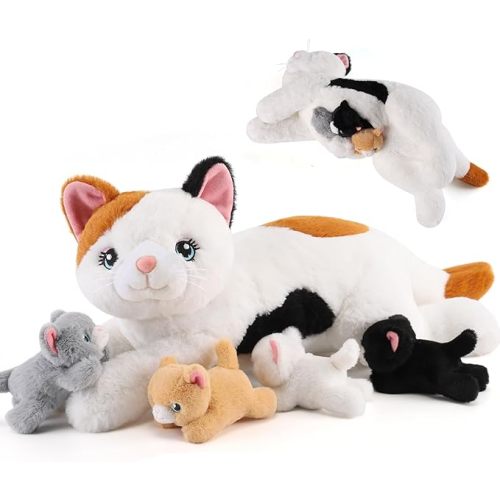 gnomantic Cat Stuffed Animals with Babies Inside, Mommy Toy for Kids | 5-Piece set: 1 mommy cat + 4 baby kittens inside. Unzip belly to reveal surprise babies. Ultra-soft, ages 3-8.