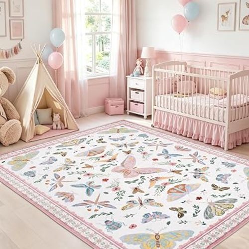 BLEUM CADE 5x7 Pink Butterfly Rugs for Bedroom Girls, Machine Washable Rug