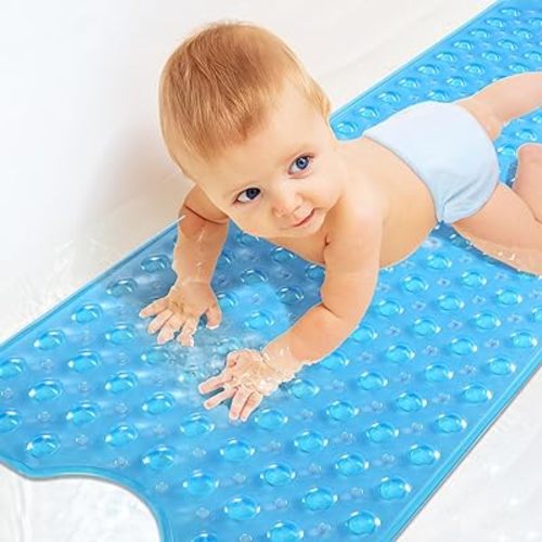 Yimobra Non Slip Bathtub Mat 40 x 16 Inch, Extra Long Shower Mat with Drain Holes, Machine Washable Baby Bath Mats, Strong Suction Cups for Bathroom Floor, Clear Blue