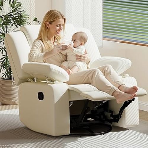 AILEEKISS Rocking Chair Nursery Swivel Recliner Glider Chair with Adjustable Armrests,Headrest Rocker Nursing Chair for Breastfeeding Comfy Upholstered Living Room Reclining Chairs(Beige)