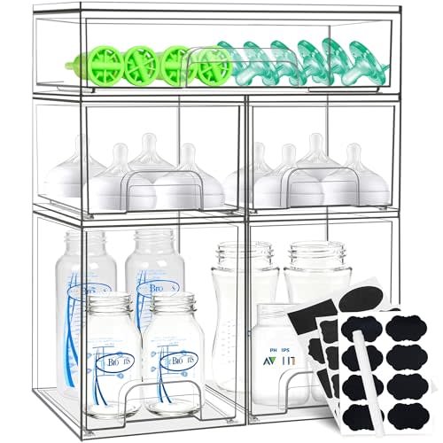 Baby Bottle Organizer, 5 Pack Stackable Storage Drawers with Labels, Clear Station Organizers Container for Pacifiers, Pump Parts, Desk Organizer Bins for Bathroom, Cabinet, Pantry, Vanity, Countertop