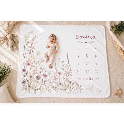 Personalized Baby Milestone Blanket, Pink Wildflower Baby Girl Gift, Custom Monthly Tracker Keepsake