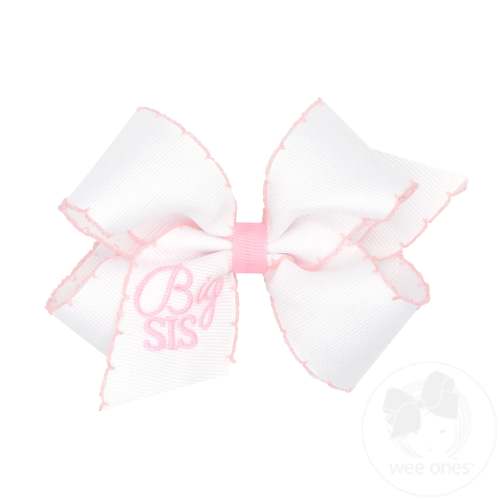 Medium Grosgrain Hair Bow with Light Pink Moonstitch Edge and Big Sis Embroidery - BIG | Wee Ones Hair Bows & Accessories