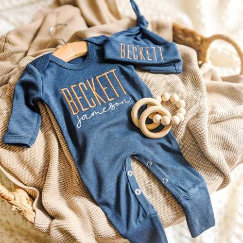 Personalized Navy Baby Romper with Hat: Embroidered Newborn Outfit, Infant Coming Home Outfit, Baby Boy Hospital Romper with Beanie