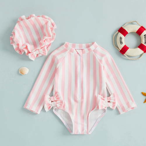FASHOFT Baby Girl Swimsuit Bathing Suit with Hat Striped Summer Beach Swim Suit One Piece Swimwear for Girls Pink