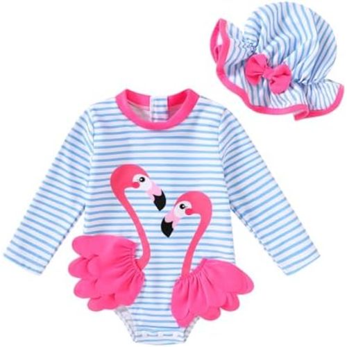 Infant Baby Swimsuit Girl Long Sleeve UPF 50+ Sun Protection One-Piece Rash Guard with Hat Zipper Bathing Suit