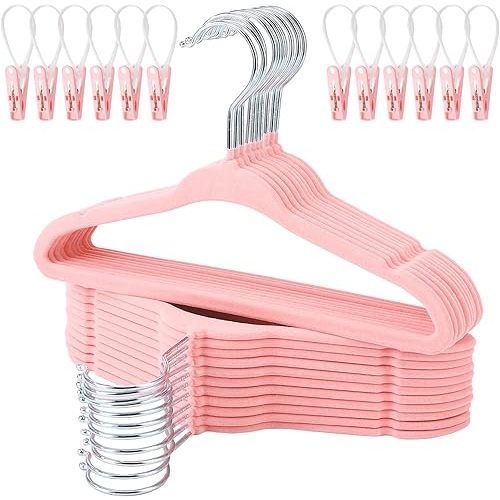 30 Pack Pink Velvet Baby Hangers with Clips Kids Clothes Hangers Non-Slip Space Saving Slim Felt Hanger for Newborn Toddler Nursery Clothes