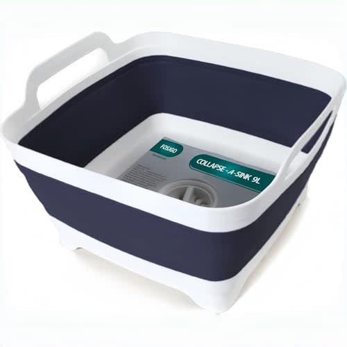 FOSJGO Collapsible Dish Basin with Drain Plug, 2.4 Gal (9L) Space-Saving Foldable Sink, Wash Basin for Kitchen, Baby Bottles, Vegetable Washing, Camping, RV and Party Beverage Tubs (Navy blue)
