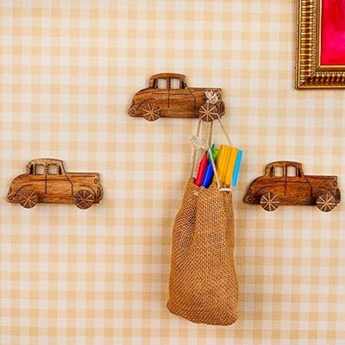 Indian Shelf Car Decorative Wood Adhesive Wall Hooks for Coats – 3 Hat Hook 6 Strips, Waterproof Towel Holder, No-Drill Hangers for Bathroom – Cute Kids Key Holder for Wall