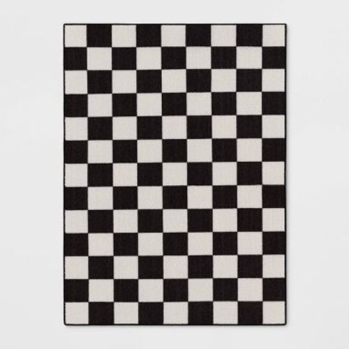 4'x5'5" Washable Small Checker Accent Rug Charcoal and Ivory - Room Essentials™: Checkered, OEKO-TEX Certified
