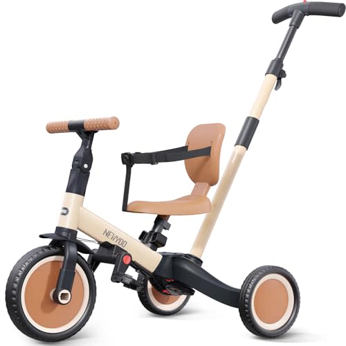 newyoo TR007 5-in-1 Tricycle for Toddlers 1-3, Toddler Bike, Birthday Gift | Toddler Trike with Push Handle Lets Parents Steer and Converts to Balance Bike, Fun Outdoor Toy for Boys and Girls, Khaki