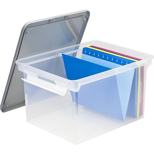 Storex Portable File Tote with Locking Handles, Letter/Legal Files, 18.5" X 14.25" X 10.88", Clear/Silver