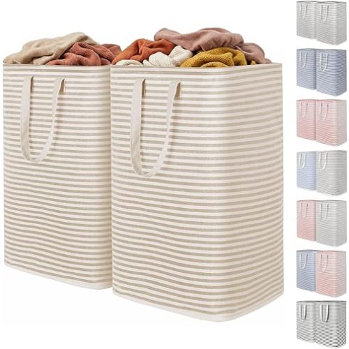 Lifewit 2 Pack Laundry Basket 80L Each, Collapsible Clothes Hamper with Reinforced Handles, Freestanding Waterproof Design for Bedroom and Laundry Room, Beige 160L Total