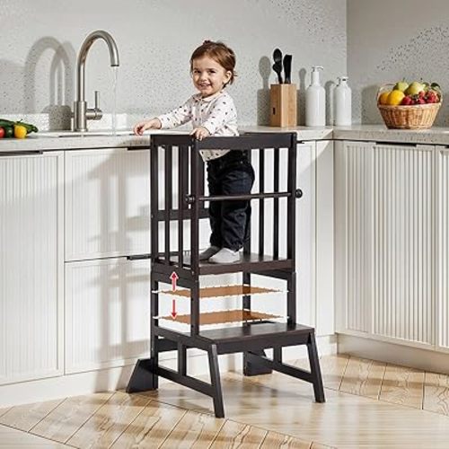 COSYLAND Toddler Standing Tower - Adjustable Height Toddler Kitchen Stool Helper - Kids Kitchen Step Stool for Learning with Removable Safety Railing Black Walnut Color