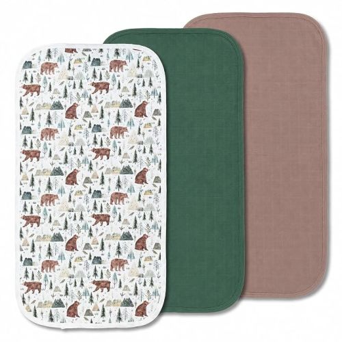 Organic Muslin Portable Changing Pad Liner – Waterproof Reusable Baby Diaper Changing Pad Cover for Travel, Forest Woodland Bear, 3 Pack