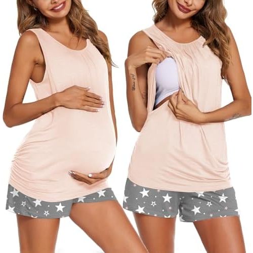 Ekouaer Nursing Pajamas Set Postpartum Tank Tops and Shorts