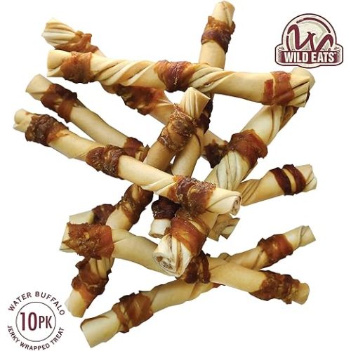 Water Buffalo Jerky Wrapped Cheek Twist Dog Chews - 10 Pack (Healthy Alternative for Beef Rawhides for Dogs, Natural Treat, Single Source Protein Dog Treat)